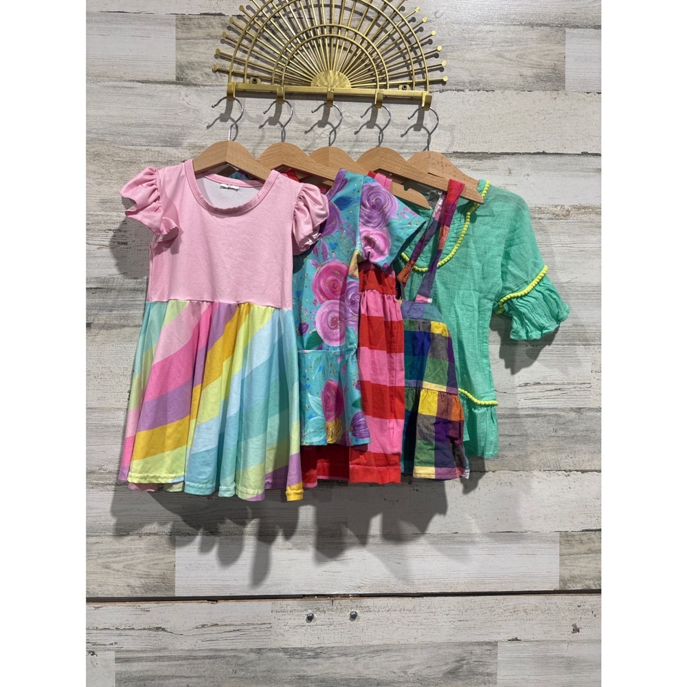 Boutique Dress Bundle Girls 2T Multicolor Rainbow Floral Plaid Pom Pom